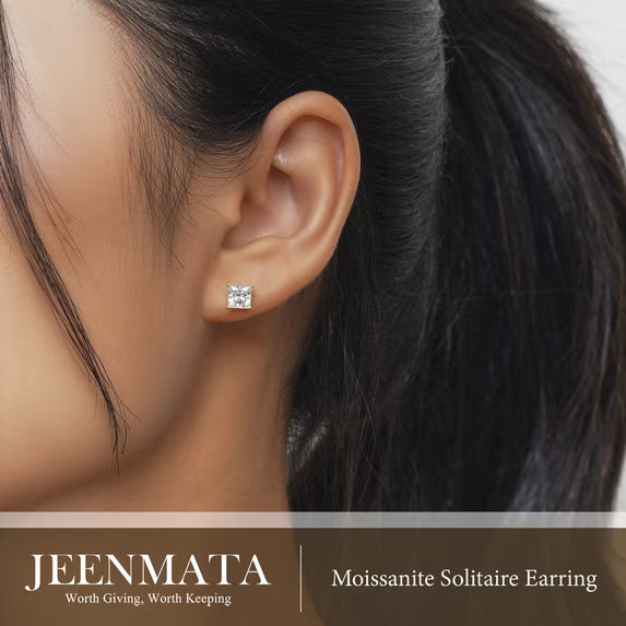 JeenMata 2 Carat Princess Cut Moissanite 4 Prong Solitaire Stud Earrings in 18k Yellow Gold Plating for Women