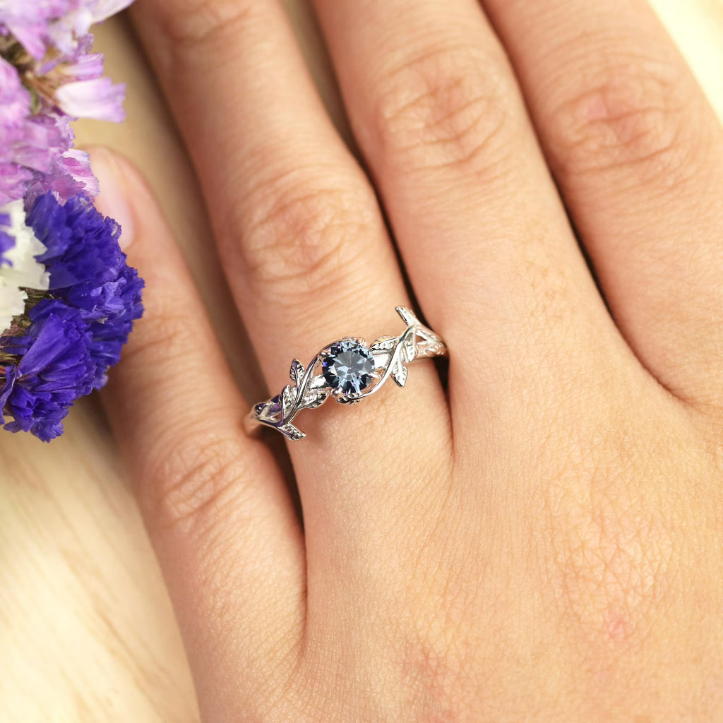 JeenMata 0.50 Carat - Round Cut Lab Created Alexandrite Ring - Leaf & Vine Engagement Ring - 18K White Gold Plating for Women