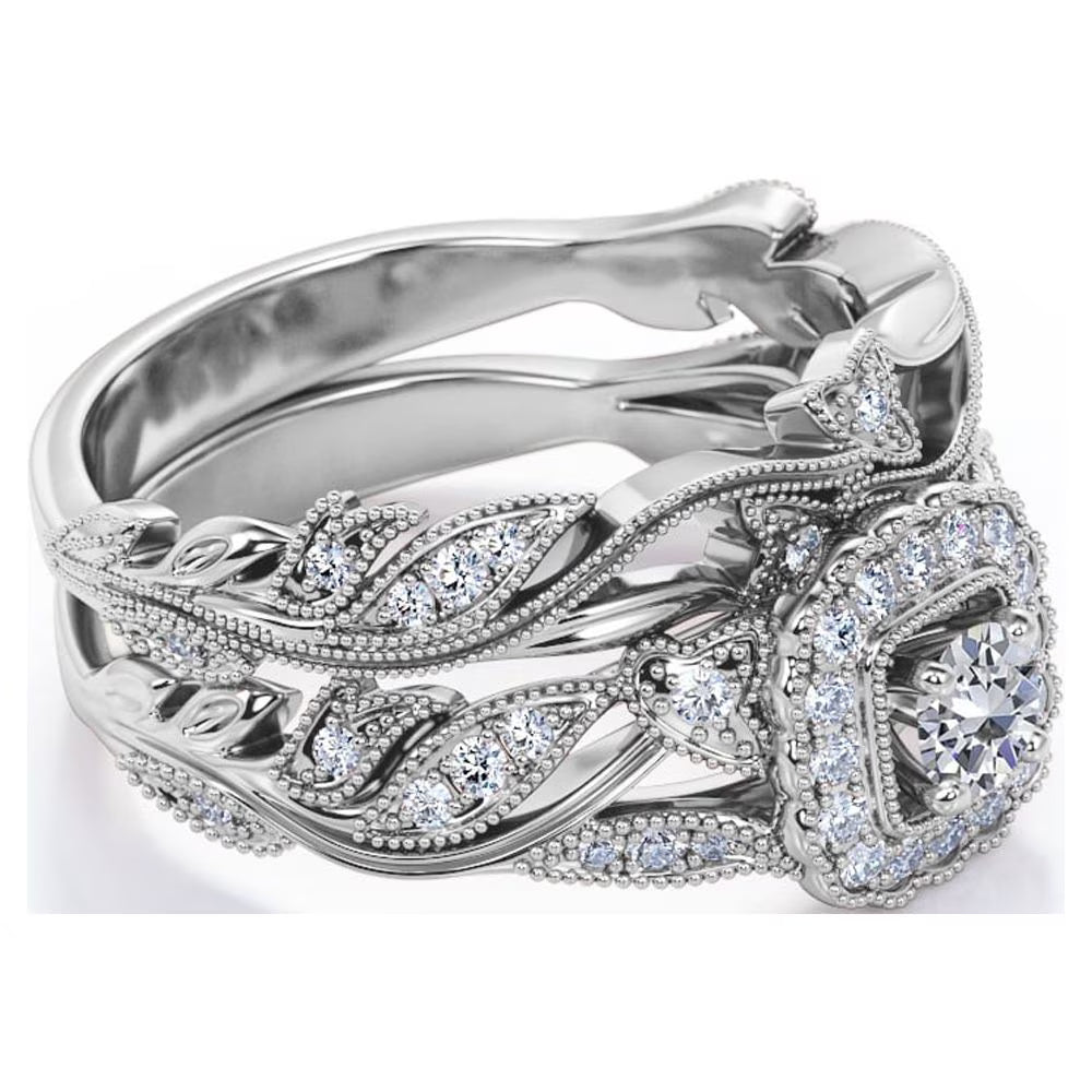 JeenMata Antique - Round Lab Grown Diamond - Edwardian Diamond Filigree Ring - Art Deco Style - Wedding Ring Set in 10K White Gold