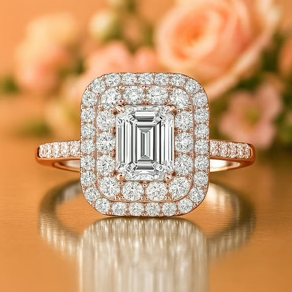 JeenMata 1.5 Carat Emerald Cut Moissanite Engagement Ring - Bridal Ring - Double Halo Ring - Cluster Ring - 18k Rose Gold Plating for Women