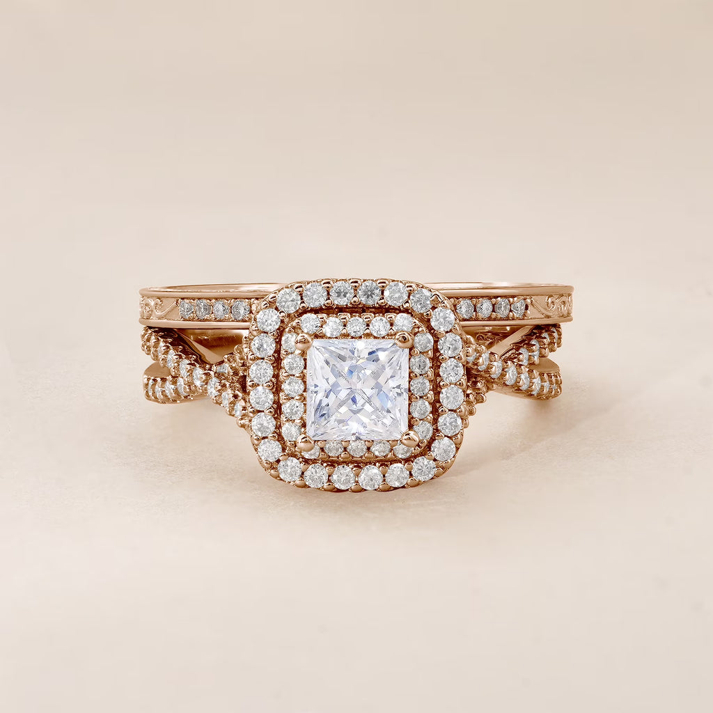 JeenMata 1.25 Carat Square Moissanite Engagement Ring for Women, Double Halo Bridal Wedding Ring Set with Twisted Band in 18K Rose Gold Plated