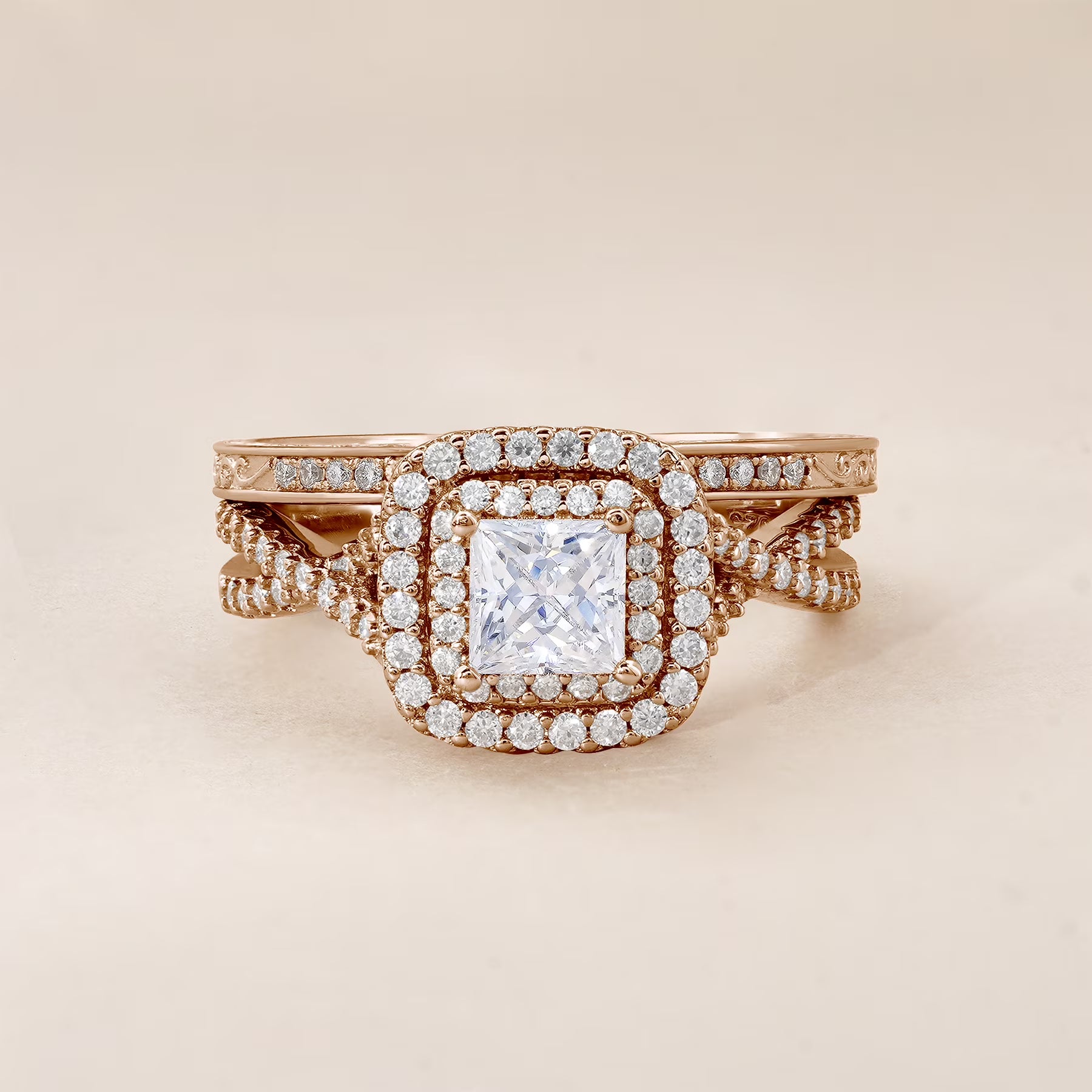 JeenMata 1.25 Carat Square Moissanite Engagement Ring for Women, Double Halo Bridal Wedding Ring Set with Twisted Band in 18K Rose Gold Plated