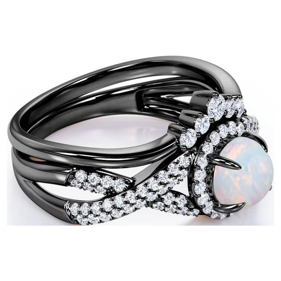 JeenMata 1 Carat Vintage Round Cut Blue Lab Created Opal and Moissanite Wedding Ring Set in 18K White Gold Plating for Women
