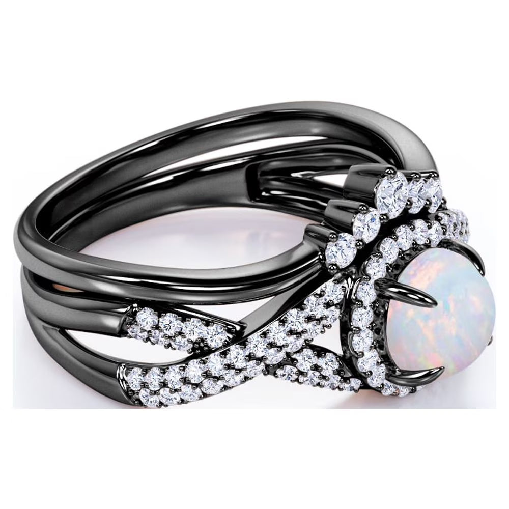 JeenMata 1 Carat Vintage Round Cut Blue Lab Created Opal and Moissanite Wedding Ring Set in 18K Black Gold Plating for Women