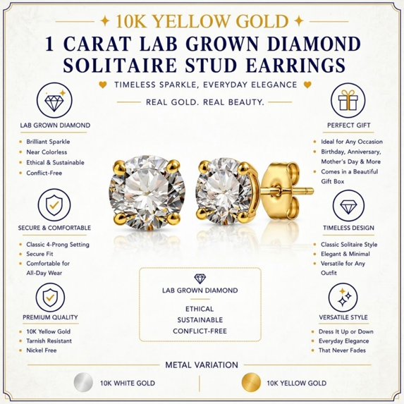 JeenMata Lab Grown Diamond Earrings 1 Carat Round Cut Real Solid 10K Yellow Gold Solitaire Studs for Women