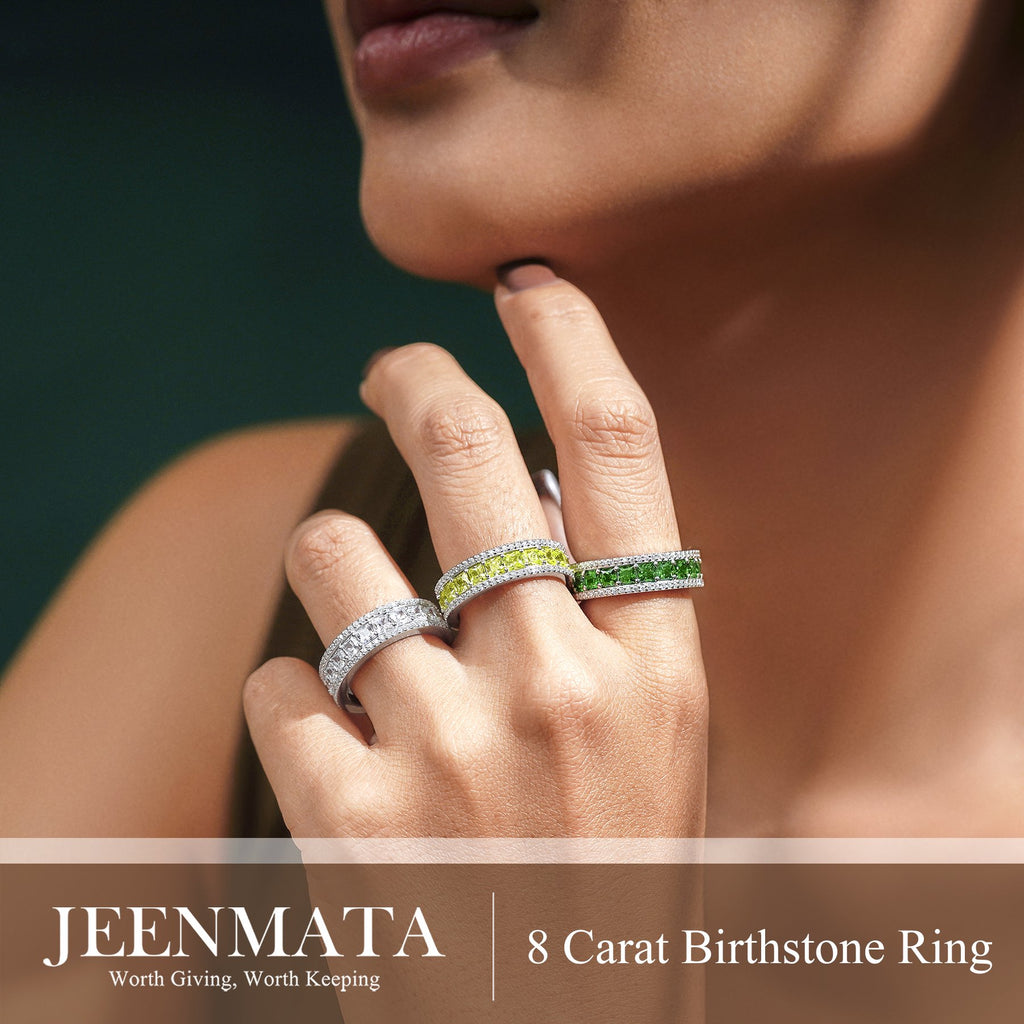 JeenMata 8 Carat Princess Cut - January Birthstone Eternity Ring in 18K White Gold Plating for Women - Stackable Wedding Anniversary Promise Band with Garnet Cubic Zirconia