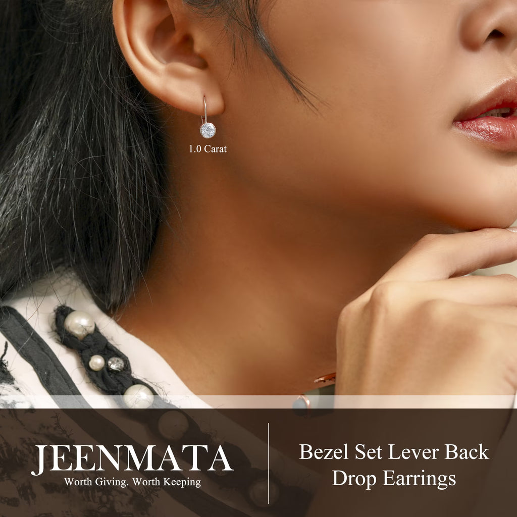 JeenMata 1 Carat Lab Grown Diamond Bezel Set Leverback Drop Earring - in 18K White Gold Plating Earrings for Women, Gift for Girlfriend, Mother, Her