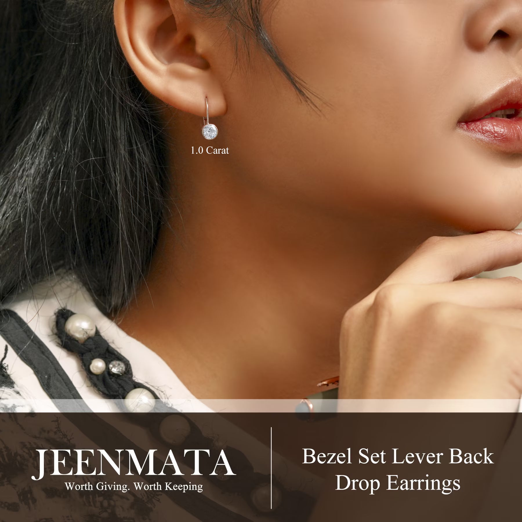 JeenMata 1 Carat Lab Grown Diamond Bezel Set Leverback Drop Earring - in 18K White Gold Plating Earrings for Women, Gift for Girlfriend, Mother, Her