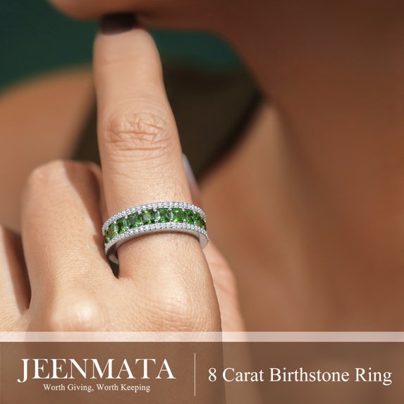 JeenMata 8 Carat Princess Cut - May Birthstone Eternity Ring in 18K White Gold Plating for Women - Stackable Wedding Anniversary Promise Band with Emerald Cubic Zirconia
