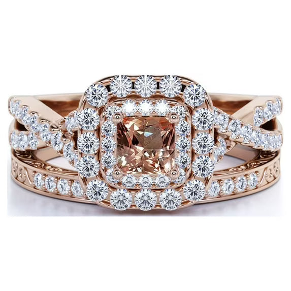 JeenMata 1.25 CT - Princess Cut - Champagne created morganite - Double Halo - Twisted Band - Vintage Inspired - Wedding Ring Set in 18K Rose Gold Plating for Women