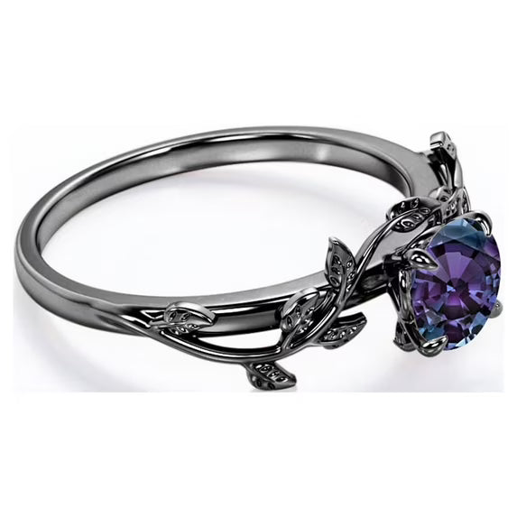 JeenMata 0.50 Carat - Round Cut Lab Created Alexandrite Ring - Leaf & Vine Engagement Ring - 18K Black Gold Plating for Women