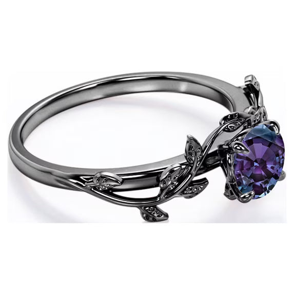 JeenMata 0.50 Carat - Round Cut Lab Created Alexandrite Ring - Leaf & Vine Engagement Ring - 18K Black Gold Plating for Women