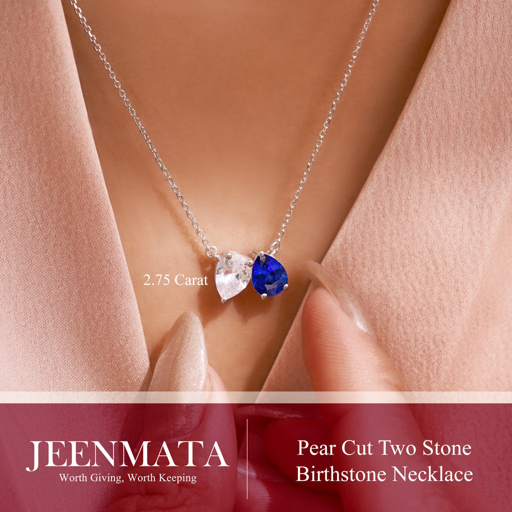 JeenMata 2.75 Carat September Birthstone Necklace - Pear Cut Two Stone Blue Sapphire & Cubic Zirconia Necklaces in 18K White Gold Plating Gift for Women, Mother, Her