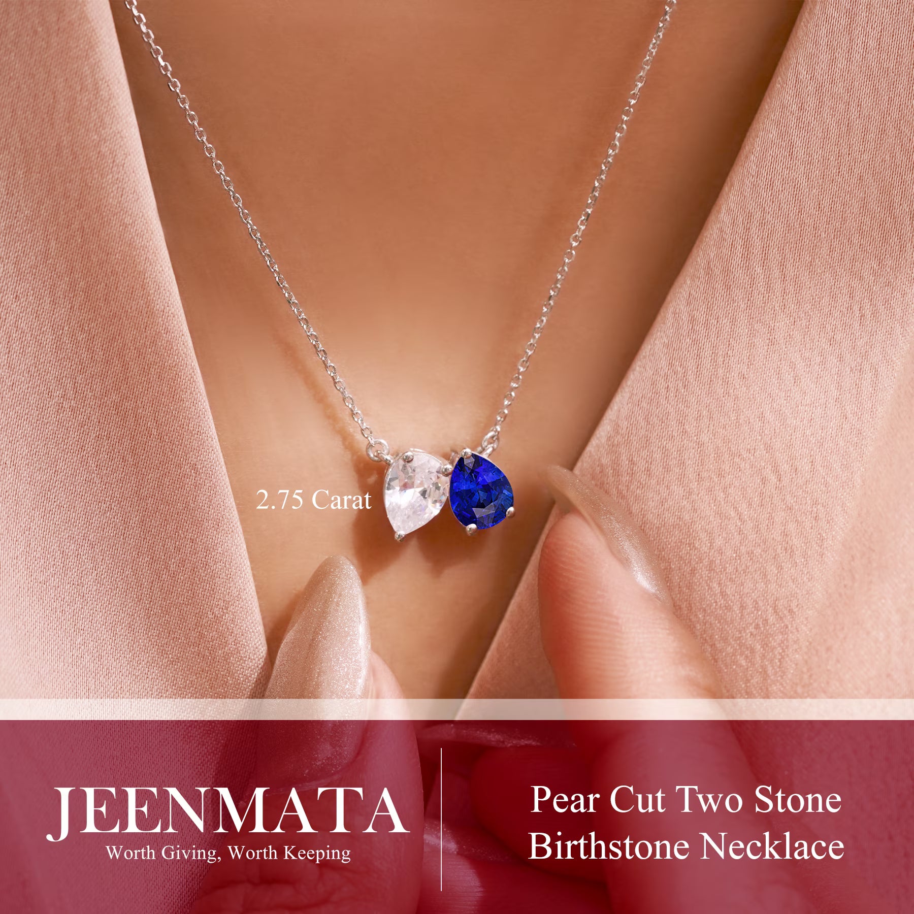 JeenMata 2.75 Carat September Birthstone Necklace - Pear Cut Two Stone Blue Sapphire & Cubic Zirconia Necklaces in 18K White Gold Plating Gift for Women, Mother, Her