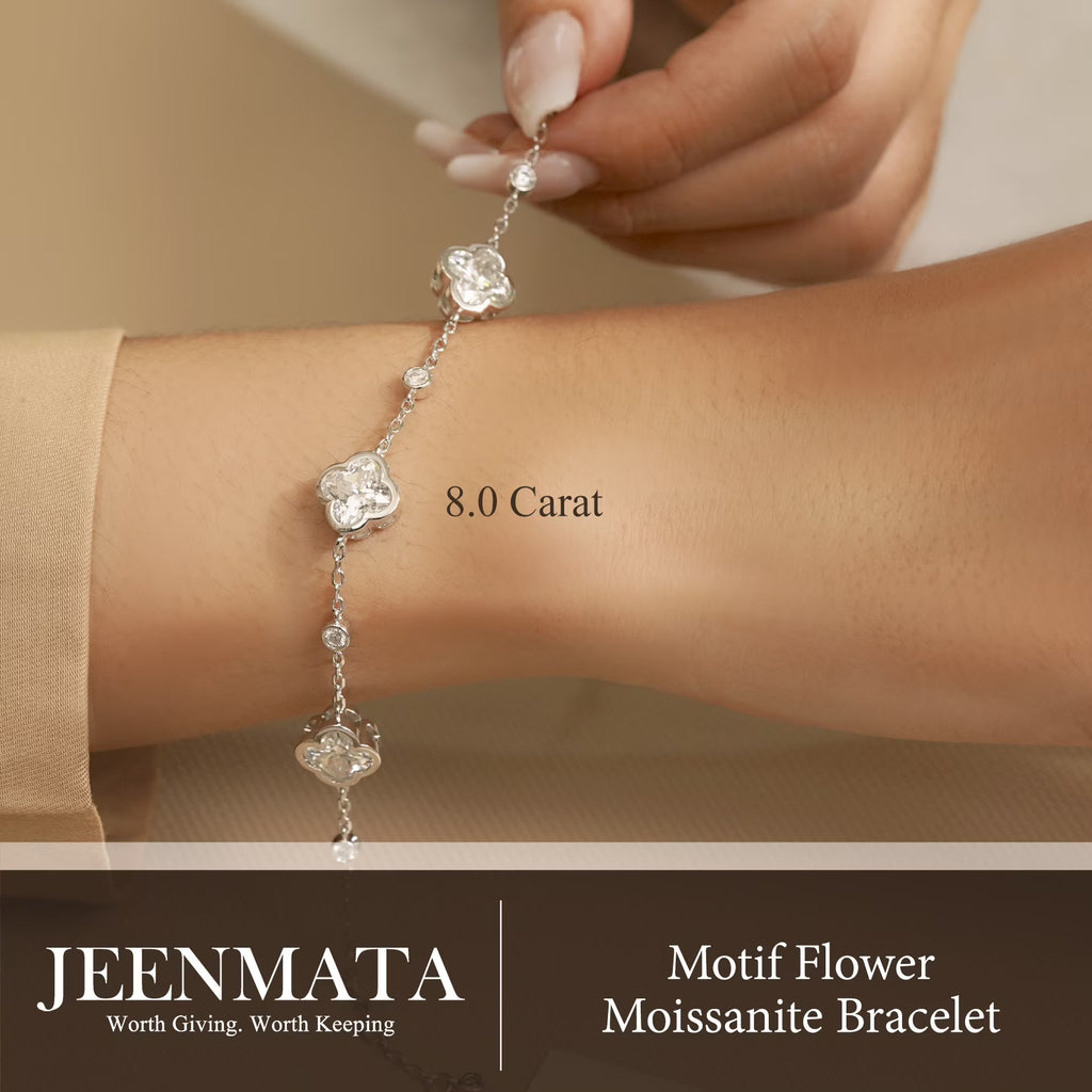JeenMata 8 Carat Elegant Flower Moissanite Bracelet - Motif Bracelet in 18K White Gold Plating for Women