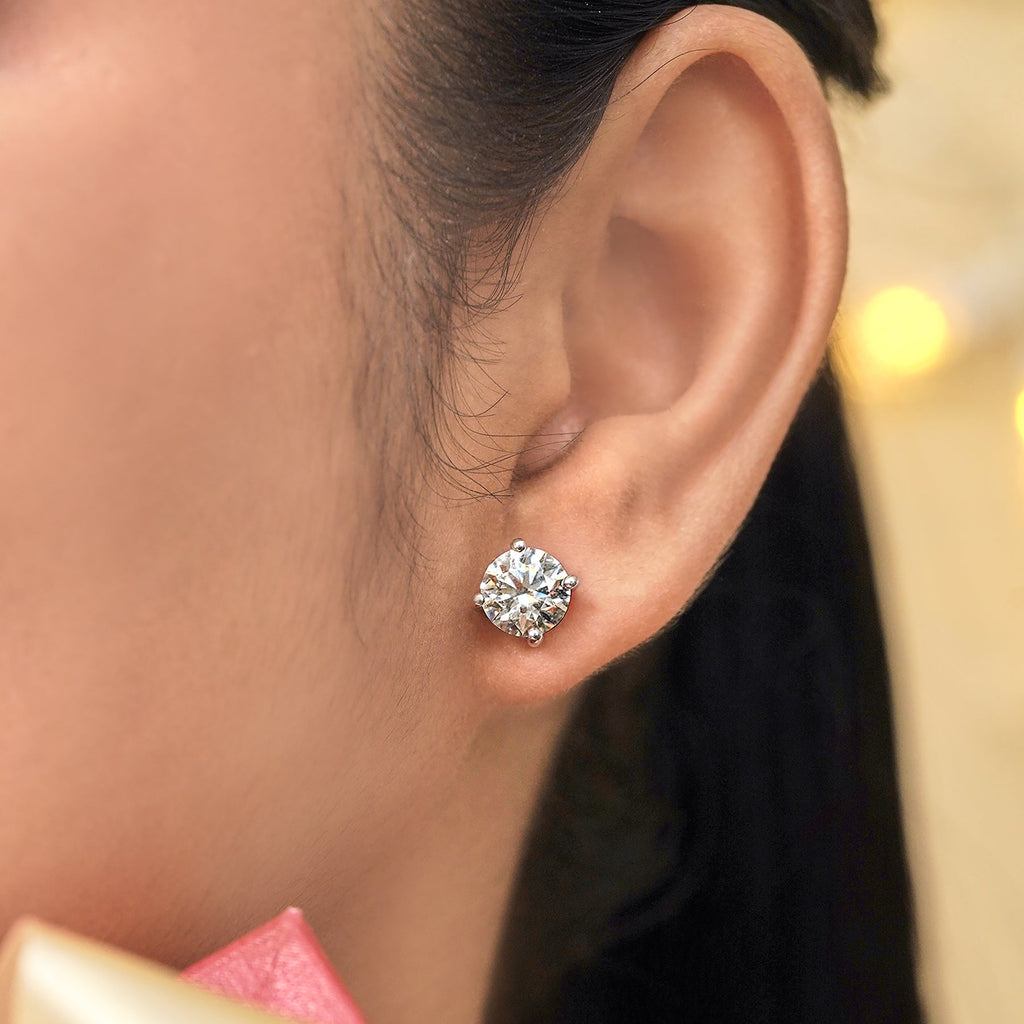 4 Prong 4 Carat Round Shaped Moissanite Solitaire Stud Earrings In 18K White Gold Plating Over Silver