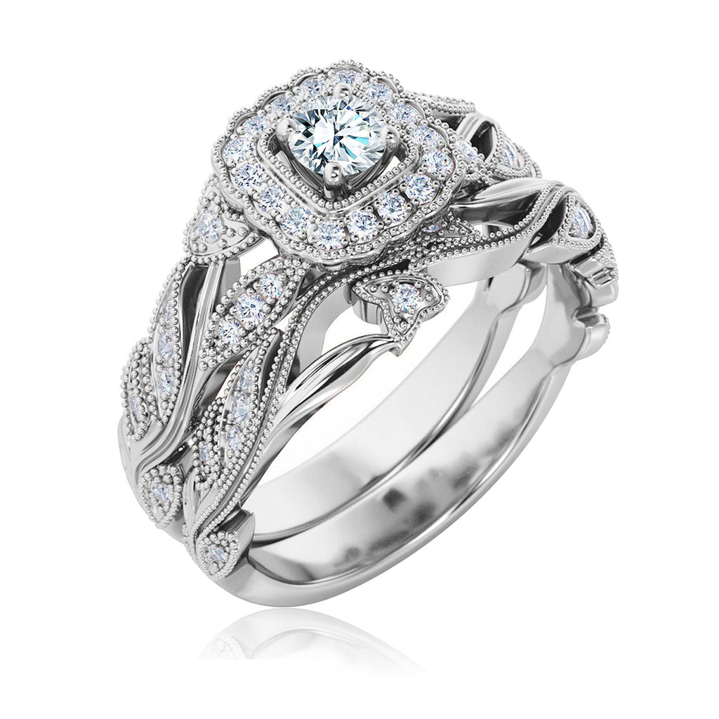 Certified 1 Ct Round Lab Diamond - Art Deco Style - Wedding Ring Set