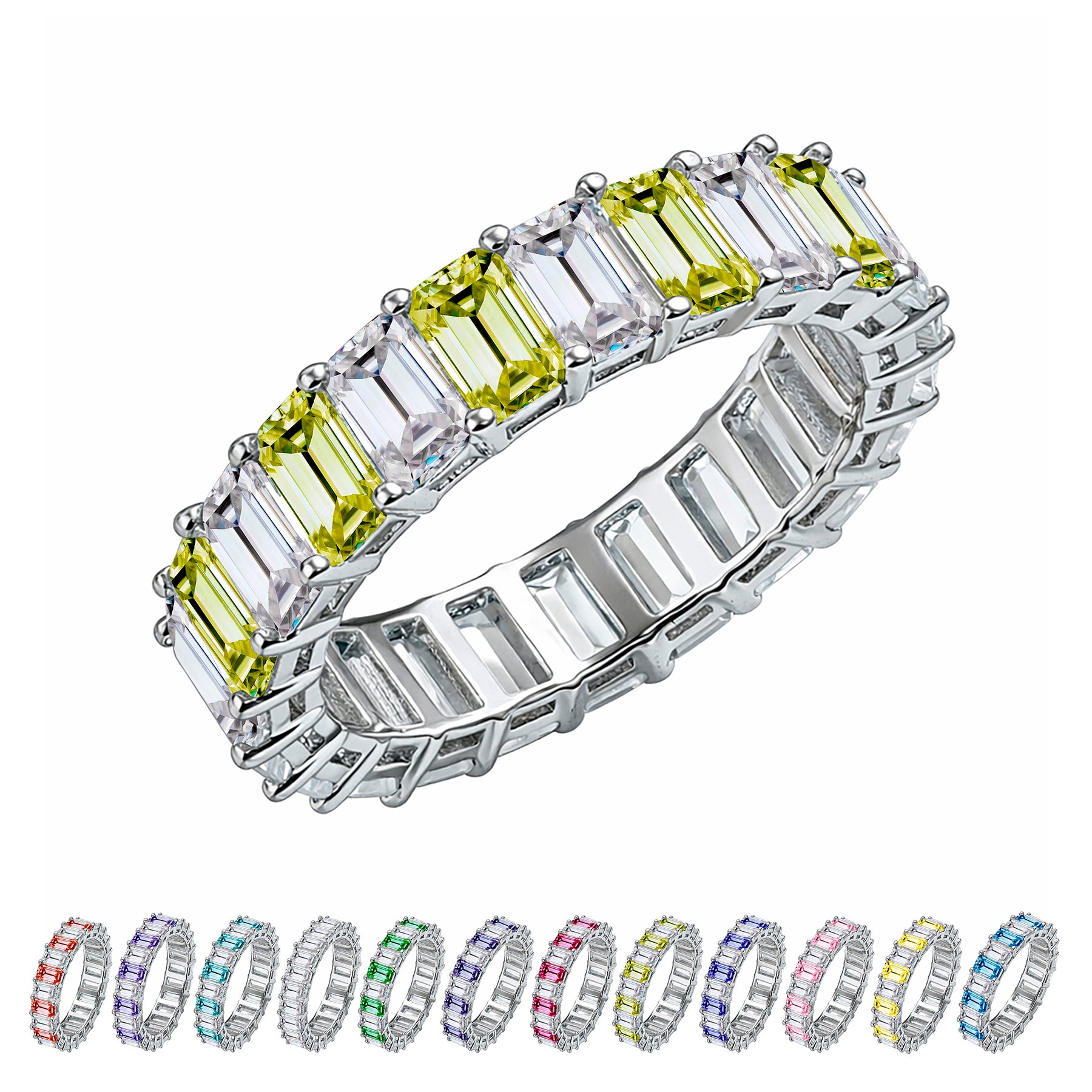 JeenMata 10 Carat Emerald Cut August Birthstone - Multicolor Eternity Wedding Band - Peridot & Cubic Zirconia Rings in 18K White Gold Plating for Women