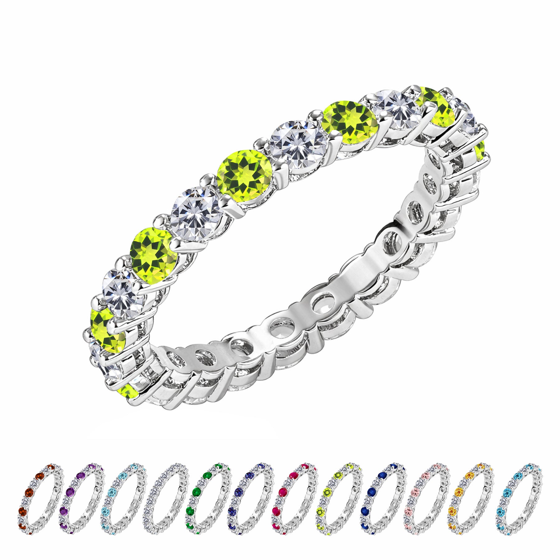 JeenMata 3.5 Carat Round Cut August Birthstone - Multicolor Eternity Wedding Band - Peridot & Cubic Zirconia Rings in 18K White Gold Plating for Women