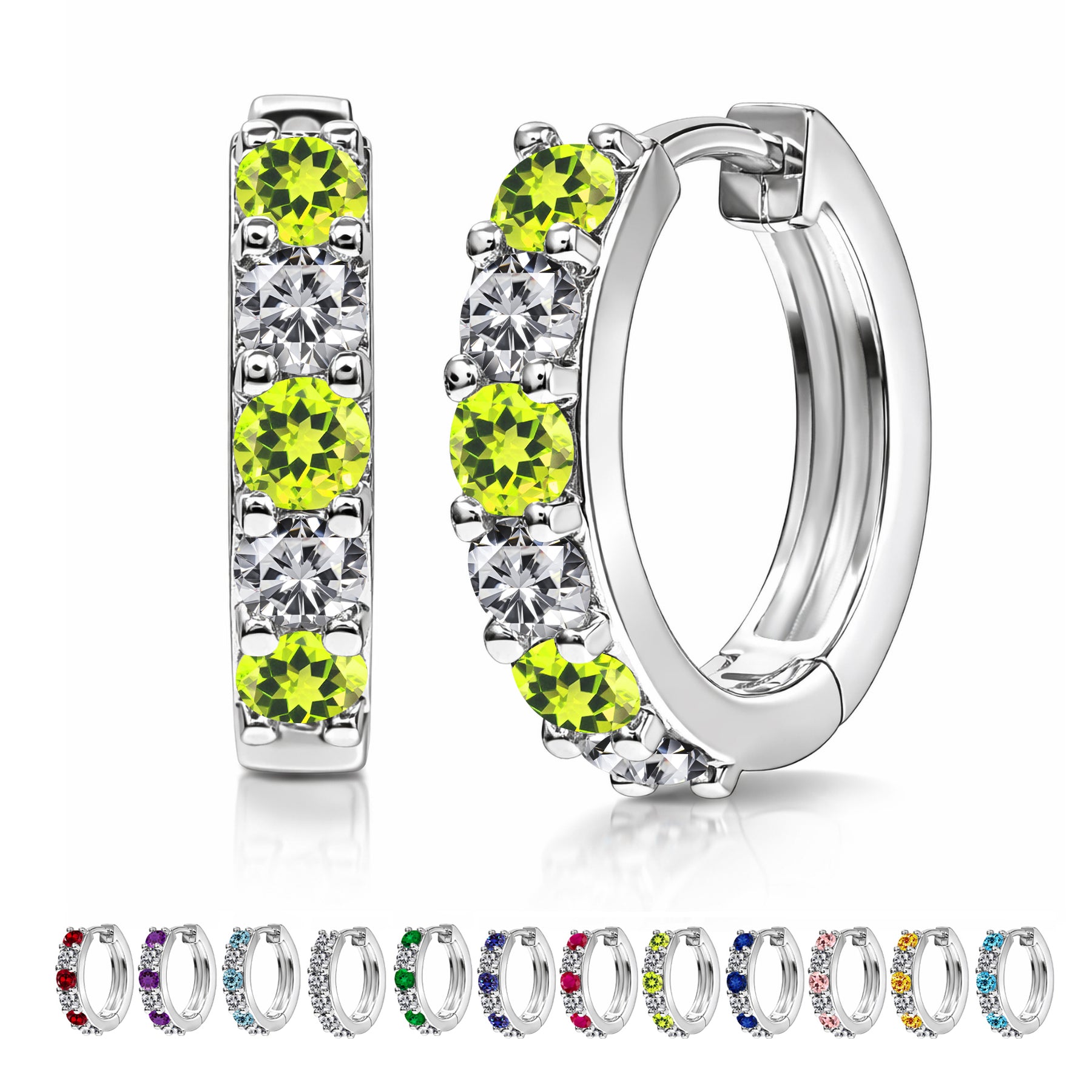 JeenMata 2 Carat August Birthstone - Peridot & Cubic Zirconia Hoop Earrings - Multicolor Birthstone Earrings in 18K White Gold Plating for Women