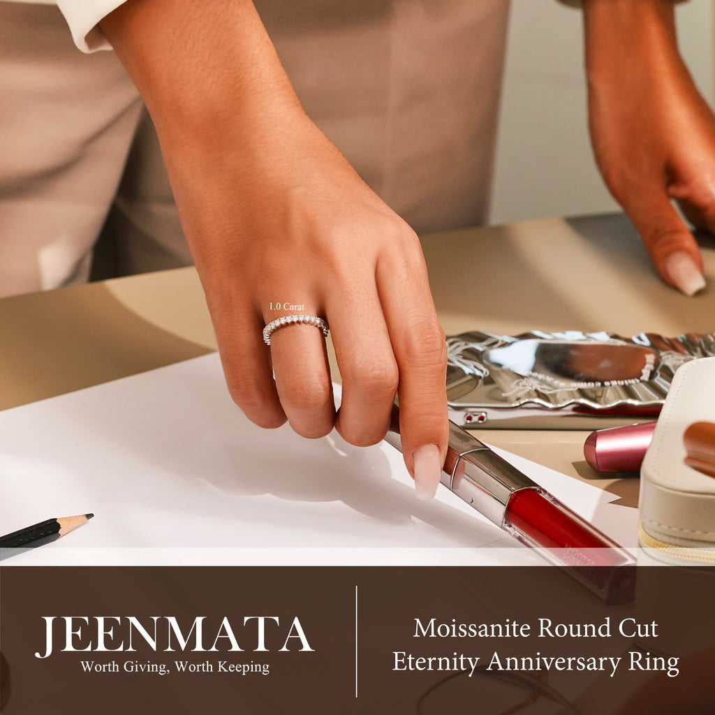 JeenMata 1 Carat Moissanite Round Cut Eternity Anniversary Ring - Classic Eternity Stackable Wedding Rings in 18K White Gold Plating for Women