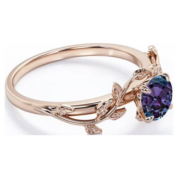 JeenMata 0.50 Carat - Round Cut Lab Created Alexandrite Ring - Leaf & Vine Engagement Ring - 18K Black Gold Plating for Women