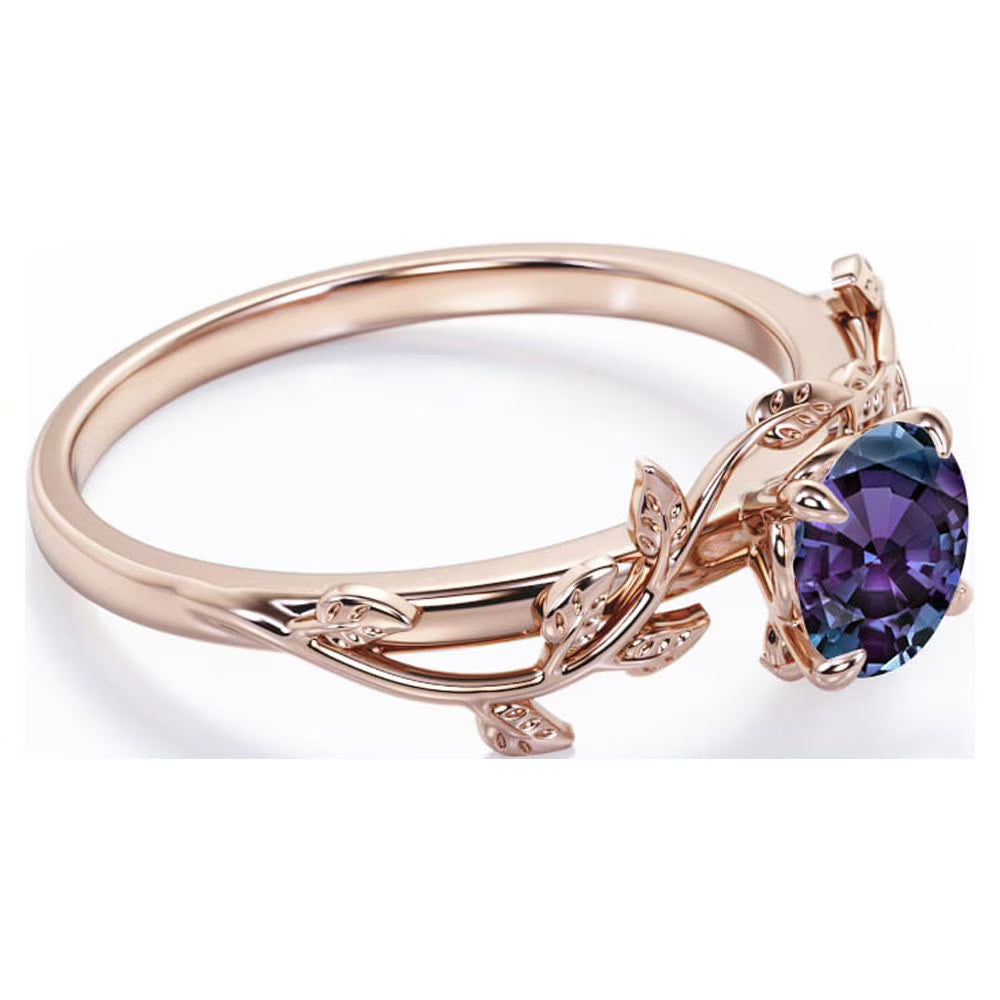 JeenMata 0.50 Carat - Round Cut Lab Created Alexandrite Ring - Leaf & Vine Engagement Ring - 18K Rose Gold Plating for Women