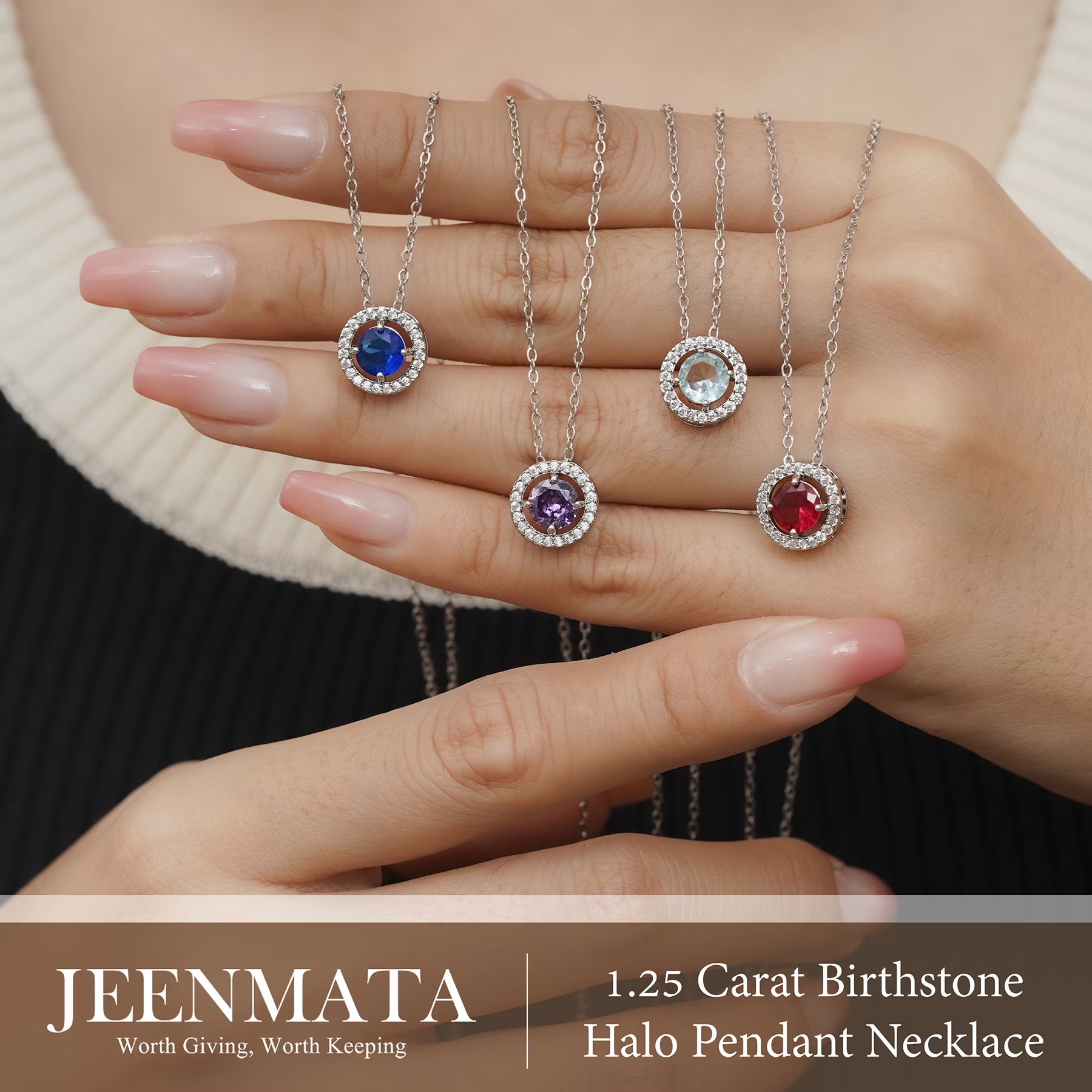 JeenMata Solitaire 1.25 Carat Round Cut - Emerald - May Birthstone Halo Pendant Necklace in White Gold Plating, Adult, Female