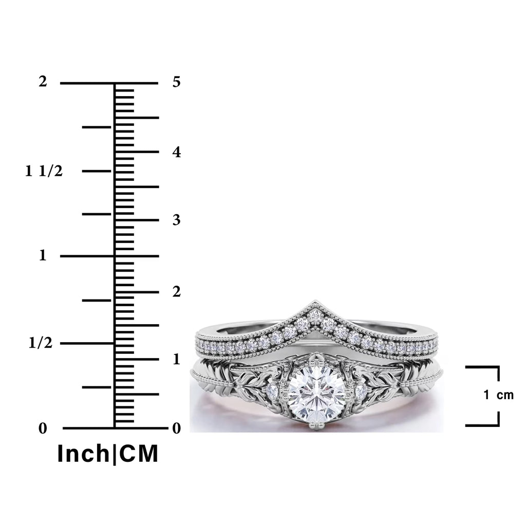 JeenMata Engraved 0.75 Carat Round Cut Lab Grown Diamond Victorian-Inspired Wedding Ring Set with Chevron Wedding Band in 10k Black Gold