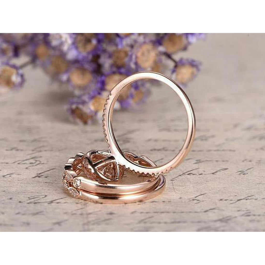 JeenMata 1.5 Carat Pear Cut Lab Created Morganite and Moissanite Trio Wedding Ring Set in Rose Gold