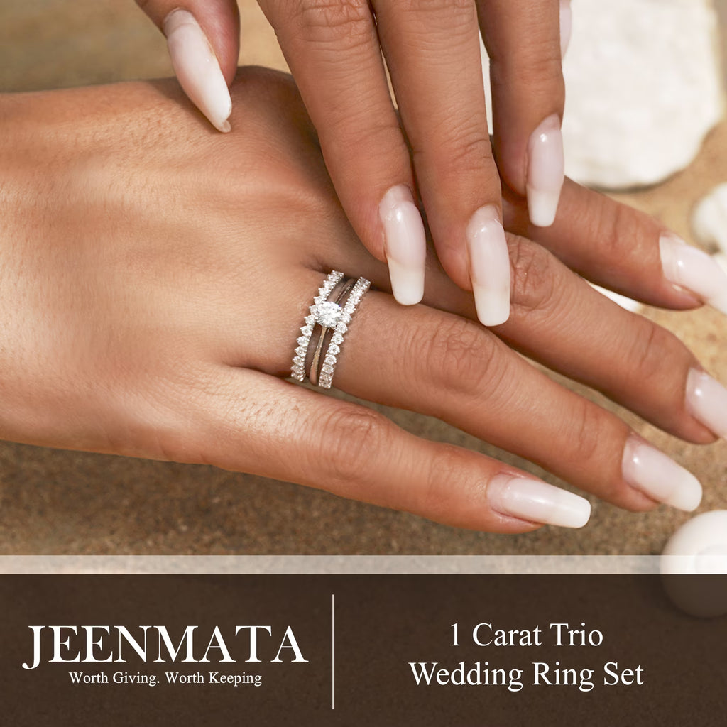 JeenMata 1 Carat Lab Grown Diamond Round Cut Trio Wedding Set - Solitaire Engagement Rings Set with Double Band in 18K White Gold Plating for Women's Ring Jewelry