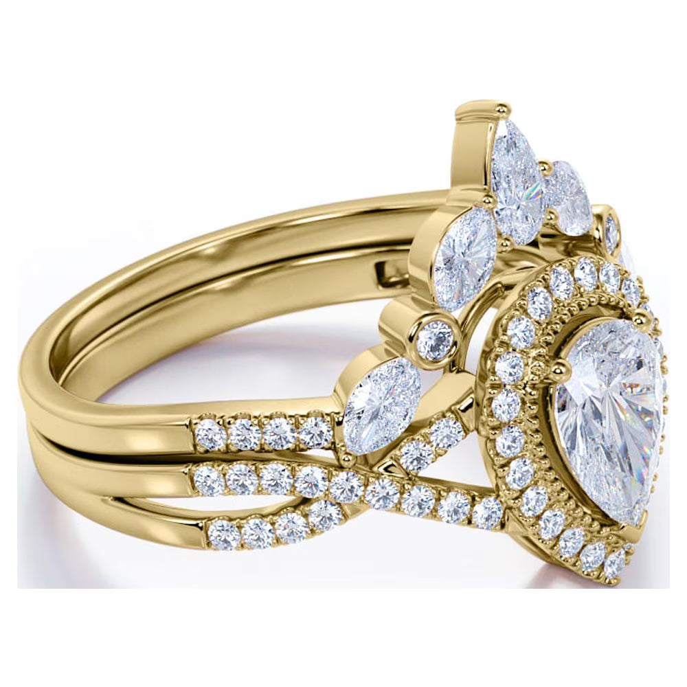JeenMata 1.75 Carat Pear Cut Moissanite Bohemian Wedding Set - Infinity Engagement Ring with Art Deco Wedding Band in 10k Yellow Gold