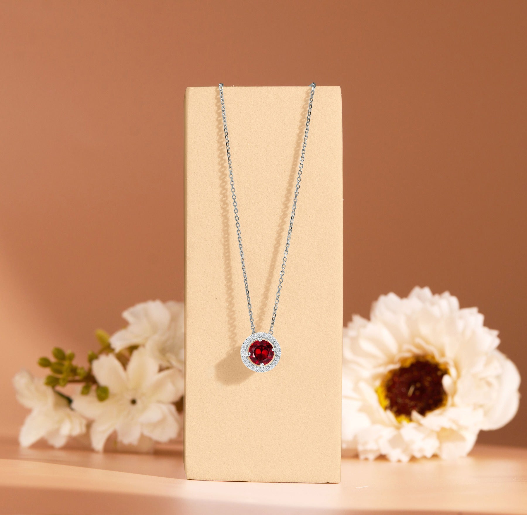 Solitaire 1.25 Carat Round Cut - Garnet - January Birthstone Halo Pendant Necklace 18k White Gold plating over Silver, Adult, Female