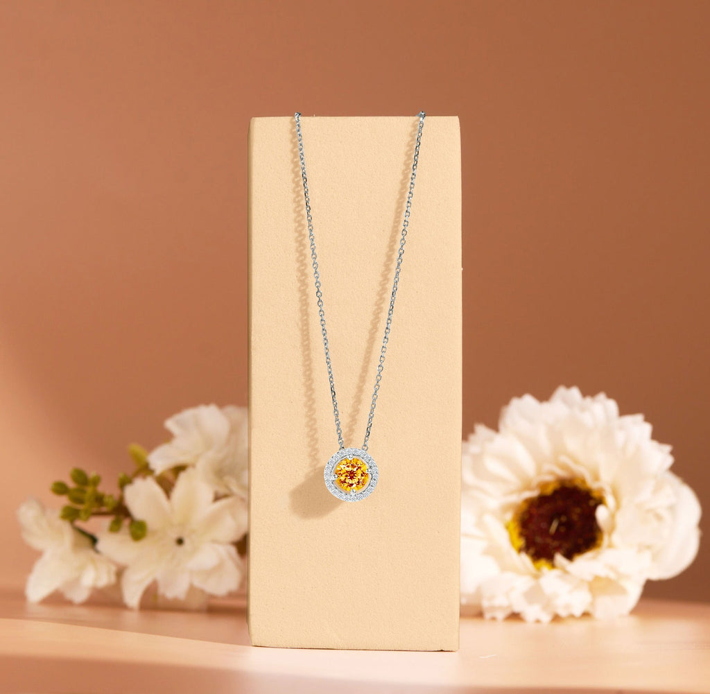 Solitaire 1.25 Carat Round Cut - Citrine - November Birthstone Halo Pendant Necklace 18k White Gold plating over Silver, Adult, Female