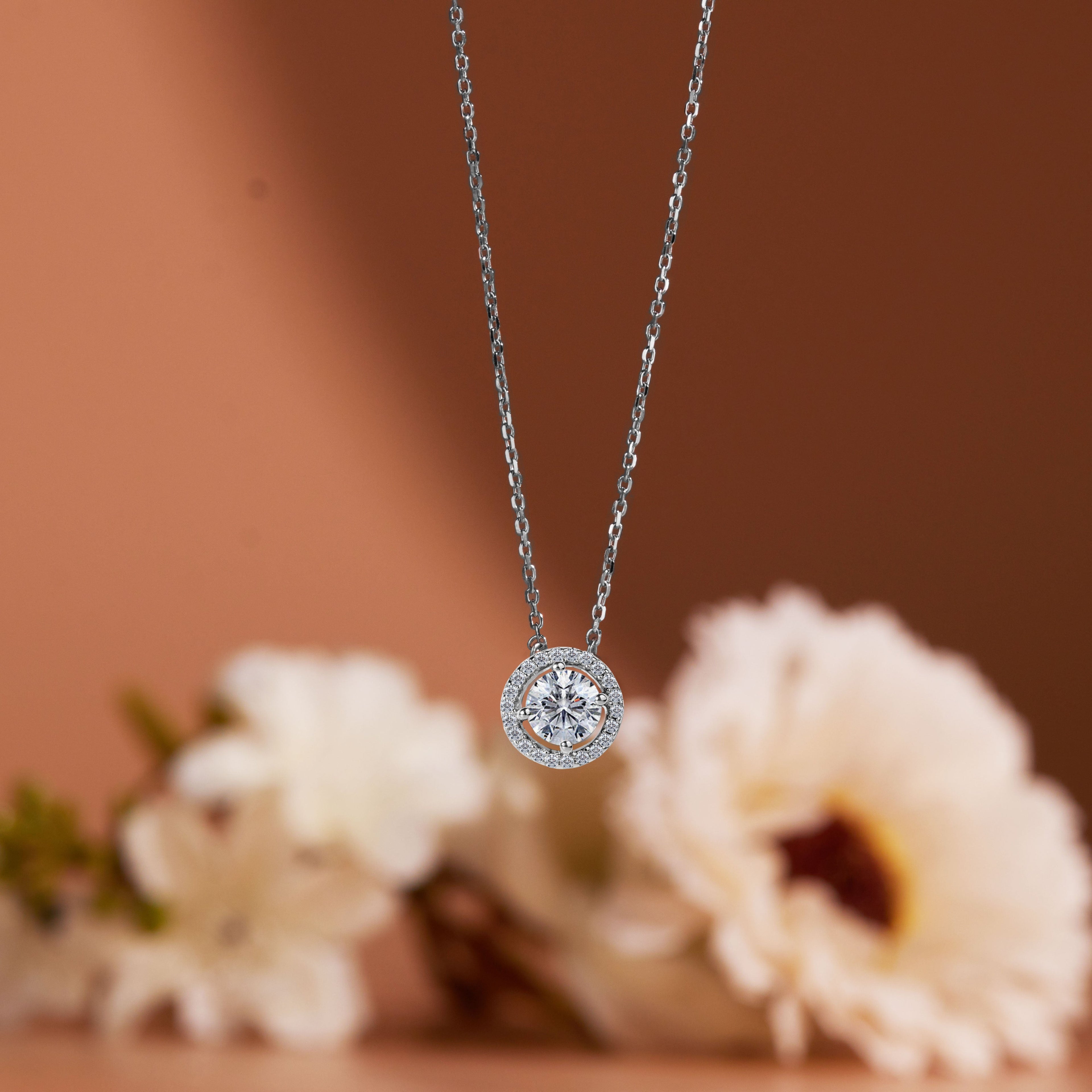 Solitaire 1 Carat Round Cut Real Moissanite Halo Pendant Necklace in 18k White Gold Over Silver