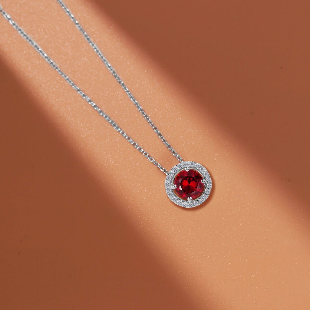 Solitaire 1.25 Carat Round Cut - Garnet - January Birthstone Halo Pendant Necklace 18k White Gold plating over Silver, Adult, Female