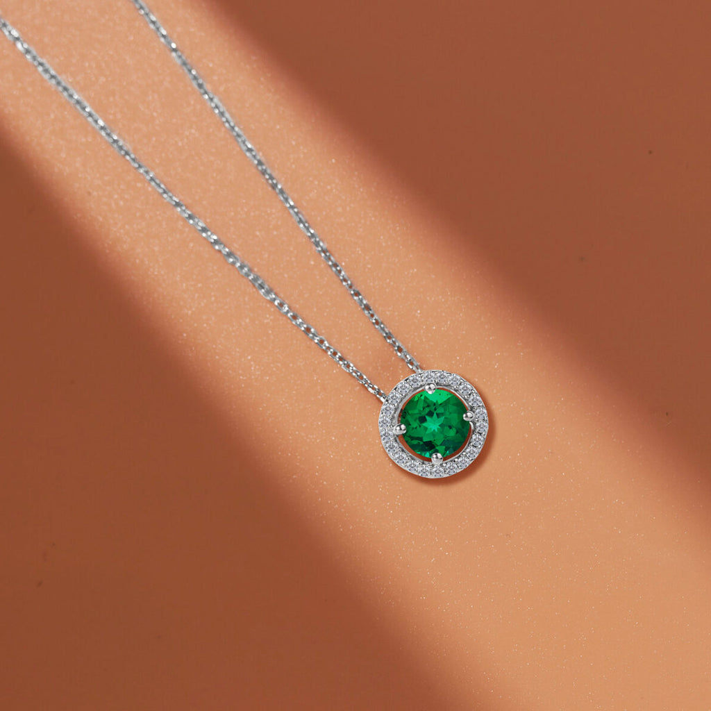 Solitaire 1.25 Carat Round Cut - Emerald - May Birthstone Halo Pendant Necklace 18k White Gold plating over Silver, Adult, Female
