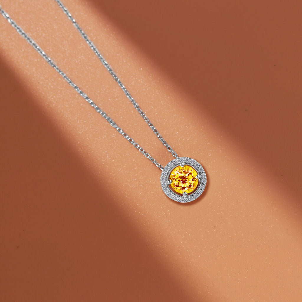 Solitaire 1.25 Carat Round Cut - Citrine - November Birthstone Halo Pendant Necklace 18k White Gold plating over Silver, Adult, Female