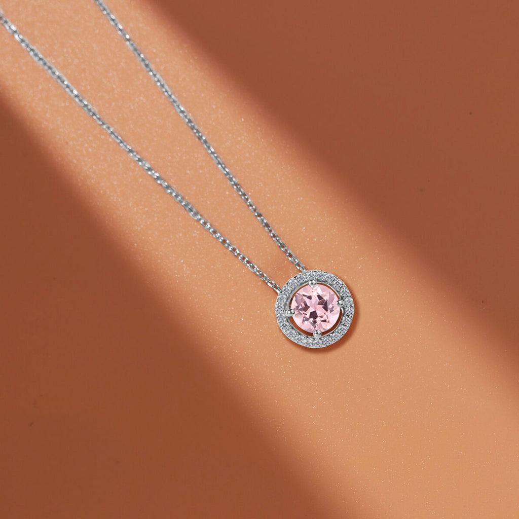 Solitaire 1.25 Carat Round Cut - Pink Tourmaline - October Birthstone Halo Pendant Necklace 18k White Gold plating over Silver, Adult, Female