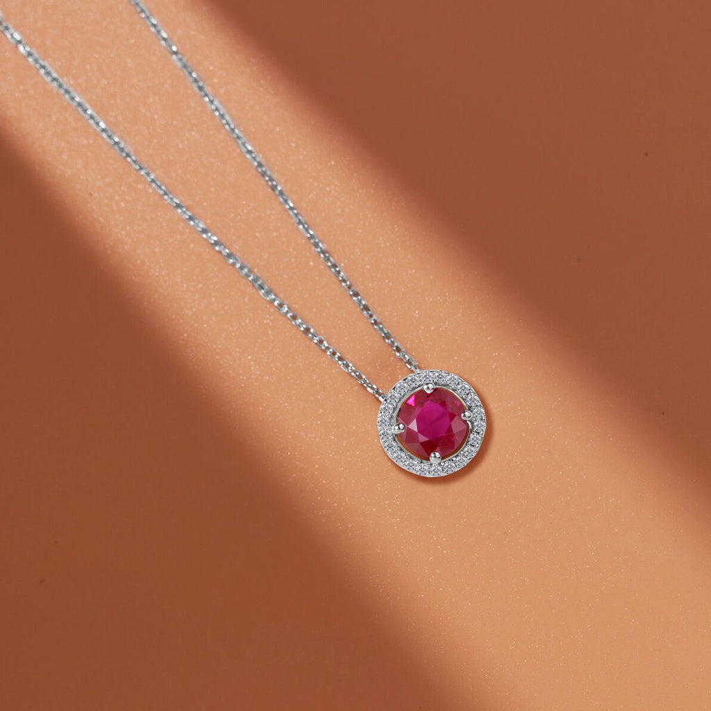 Solitaire 1.25 Carat Round Cut - Ruby - July Birthstone Halo Pendant Necklace 18k White Gold plating over Silver, Adult, Female