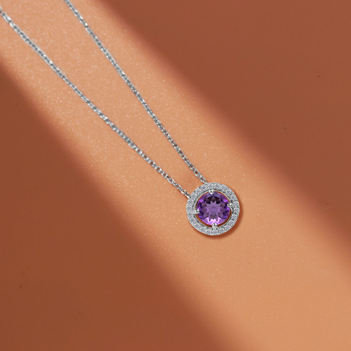 Solitaire 1.25 Carat Round Cut - Amethyst - February Birthstone Halo Pendant Necklace 18k White Gold plating over Silver, Adult, Female