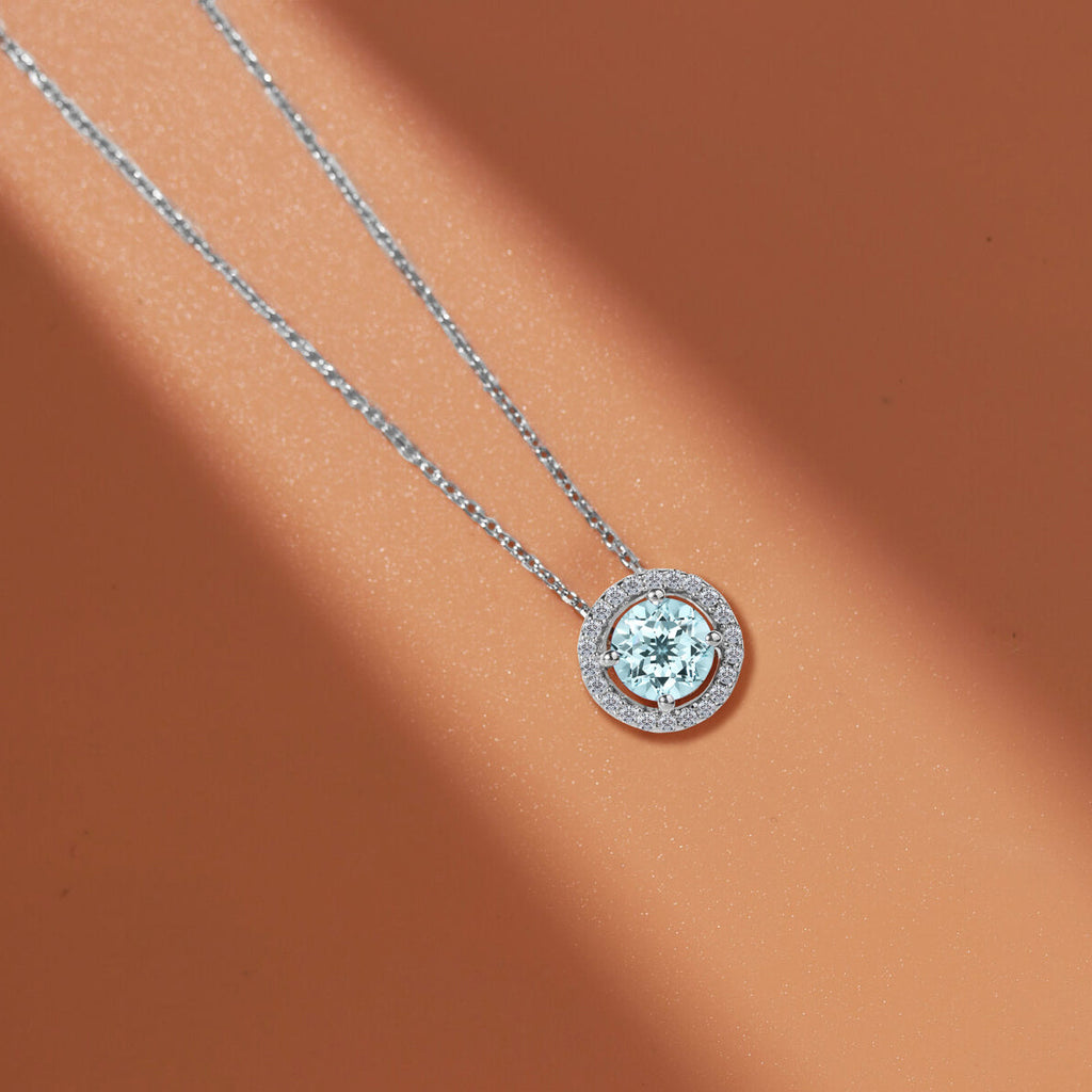 Solitaire 1.25 Carat Round Cut - Aquamarine - March Birthstone Halo Pendant Necklace 18k White Gold plating over Silver, Adult, Female