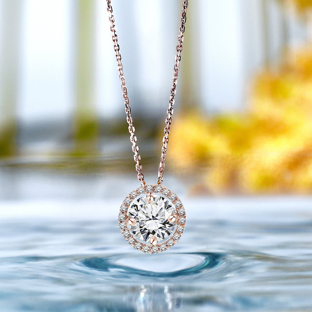 Solitaire 1 Carat Round Cut Real Moissanite Halo Pendant Necklace in 18k White Gold Over Silver