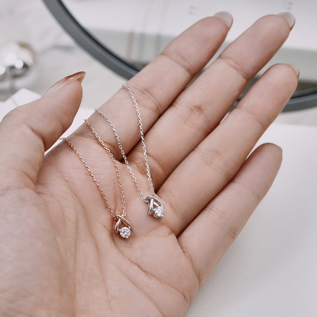JeenMata X-Shaped Round Cut Lab Grown Diamond Pendant Necklace in 18K Rose Gold Plating for Women