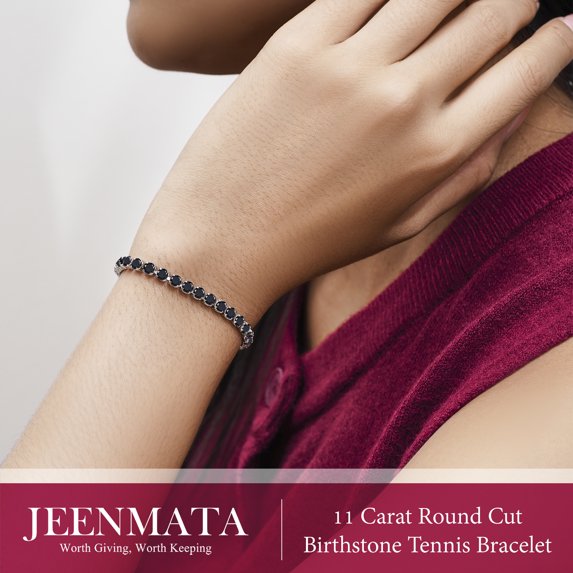 JeenMata 11 TCW Black Cubic Zirconia - Round Cut Birthstone Tennis Bracelet for Women in Eternity Design - White Gold Plating, Female, Adult