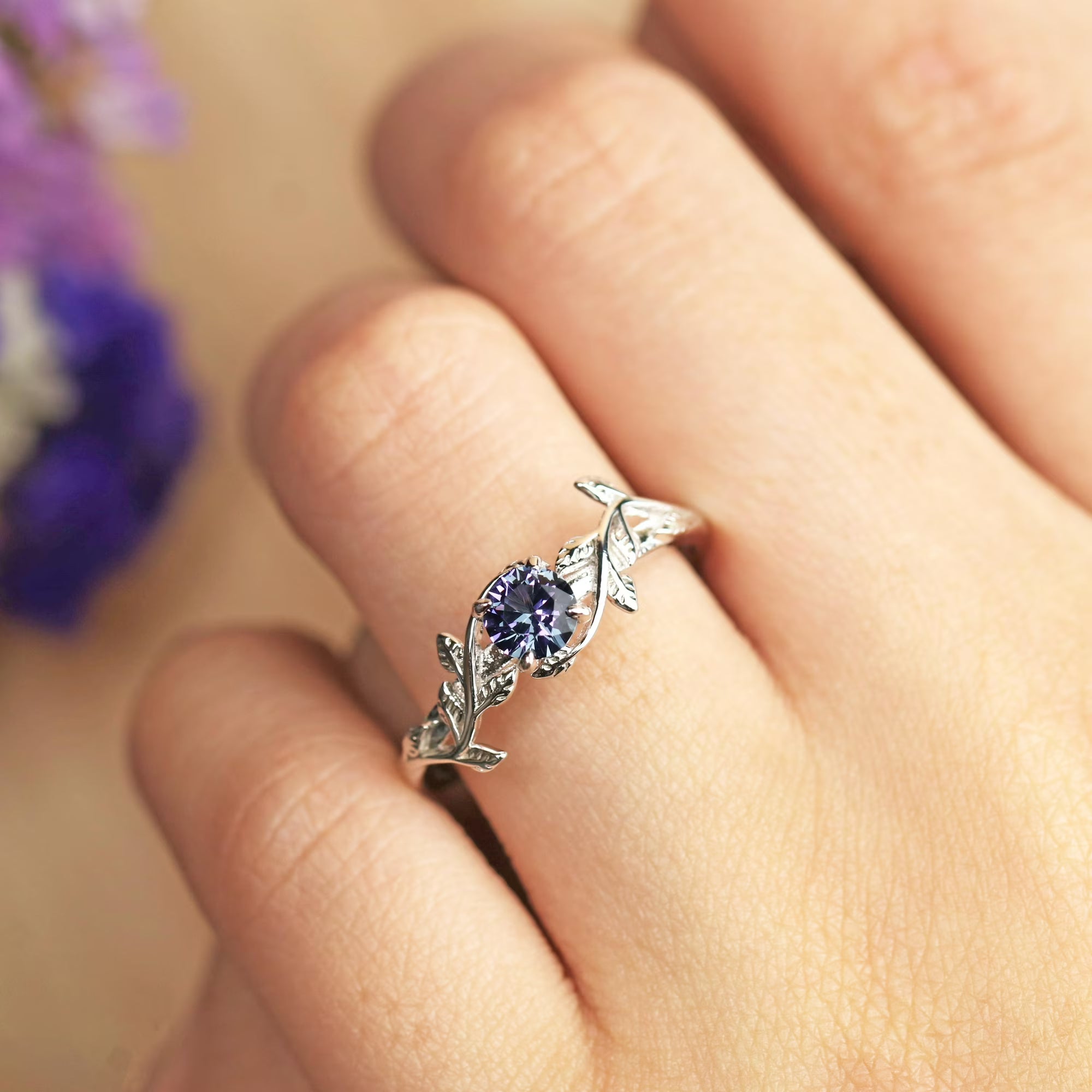 JeenMata 0.50 Carat - Round Cut Lab Created Alexandrite Ring - Leaf & Vine Engagement Ring - 18K White Gold Plating for Women