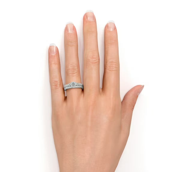 JeenMata 1.75 ct - Round Real 3 Stone Diamond - Past Present Future Ring - Victorian - Vintage Wedding Ring Set - 10K White Gold