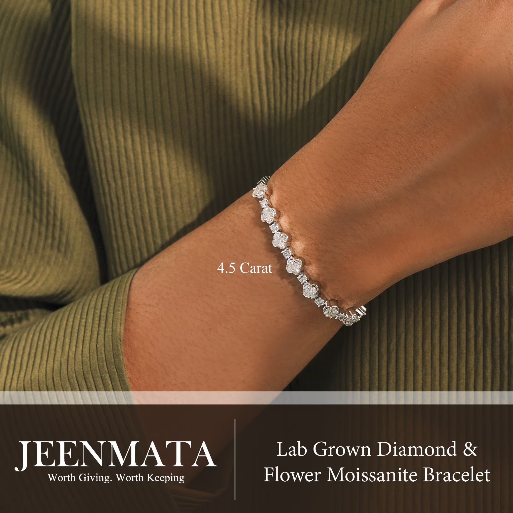 JeenMata 4.5 Carat Round Lab Grown Diamond & Flower Moissanite Bracelet - Feminine Floral Style in 18K White Gold Plating for Women