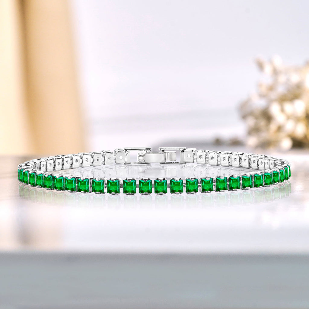 5.5 TCW Princess Cut May - Emerald - Birthstone Tennis Bracelet for Women Eternity Design - White Gold Plating, Birthday, Anniversary, Valentine's Day Gift