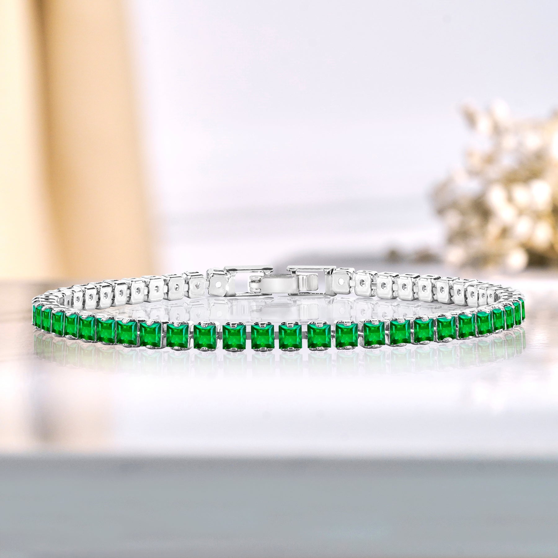 5.5 TCW Princess Cut May - Emerald - Birthstone Tennis Bracelet for Women Eternity Design - White Gold Plating, Birthday, Anniversary, Valentine's Day Gift